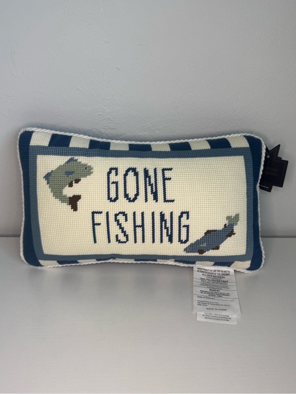 Gone Fishing Decorative Lumbar Throw Pillow 9x15 Blue Fish Nautical Coast